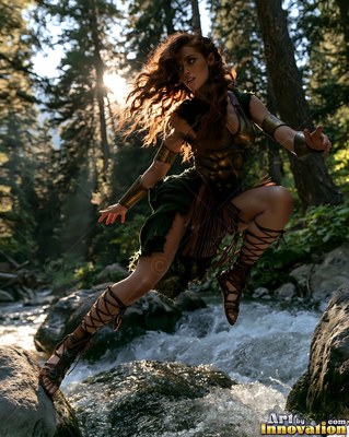 Leaping across a rocky forest stream, a warrior woman wears leather armor