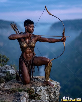 A kneeling woman in brass armor aims a wooden bow on a cliff