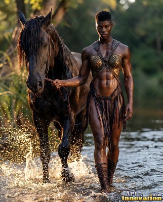 In a gold chest plate, a muscular woman leads a black horse through shallow river water