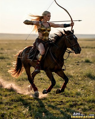 A woman aims a bow while riding a galloping horse through a grassy field
