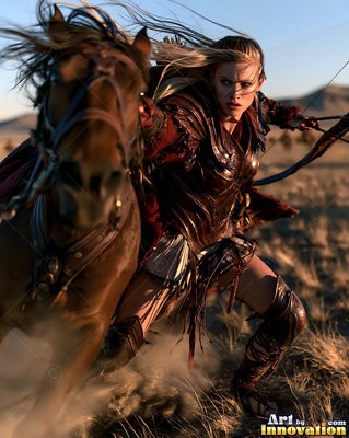 A blonde warrior woman in dark armor aims a bow while running next to her galloping horse