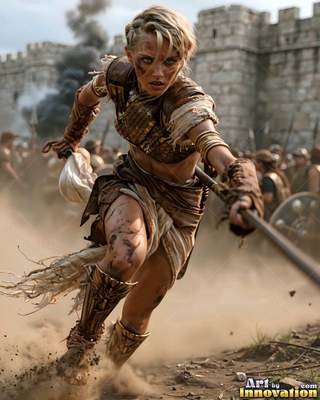 Outside a stone fortress, a blond woman in bronze armor charges forward with a spear