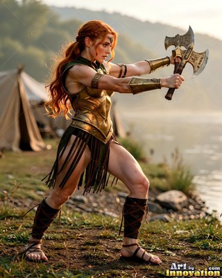 Holding two axes, a red-haired woman dressed in a gold chest piece stands ready to fight by a lake