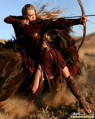Woman on a galloping horse drawing a bow in the desert