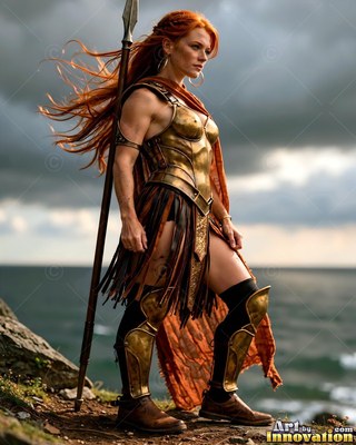 Long red hair blows around a woman in golden armor as she holds a spear by the sea