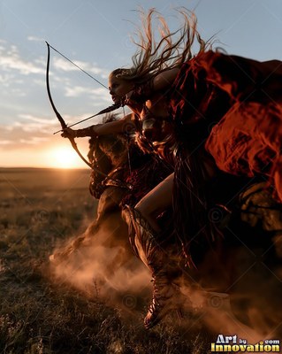A woman aims a bow from horseback while riding fast toward the sunset light