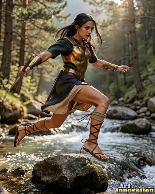 Leaping midair over a rocky stream, a woman wearing gold armor carries a dagger