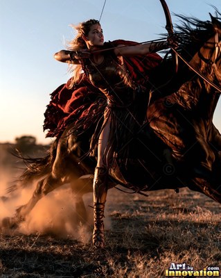 A yellow-haired woman in a red cape aims a bow while riding a fast brown horse