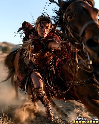 In a dusty desert, a woman in bronze armor aims a bow while riding a fast horse