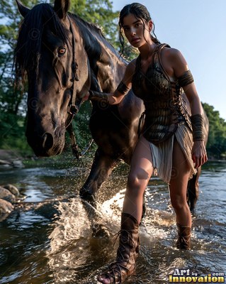 Wading through a shallow river, a woman in brown leather leads a black horse