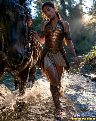 In a gold scaled cuirass, a woman leads a dark horse through a shallow forest river