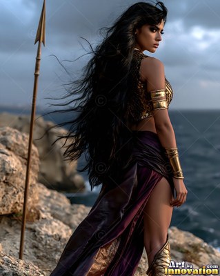 Turned sideways on a rocky cliff, a woman in gold armor looks back over her shoulder