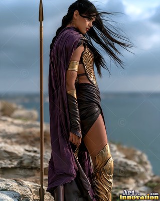 A dark-haired woman armored in gold holds a spear on a cliff above the sea
