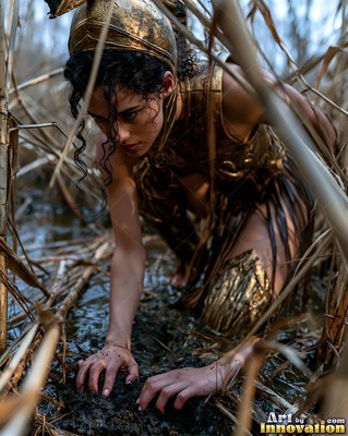 In muddy reeds, a warrior woman in a gold helmet and armor crawls through the marsh