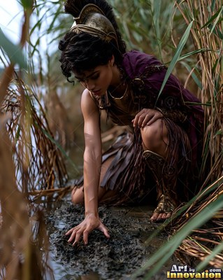 Crouching in tall reeds, a helmeted warrior woman touches the wet mud by a lake bank