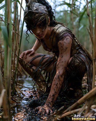A woman wearing gold armor crouches low in muddy swamp water
