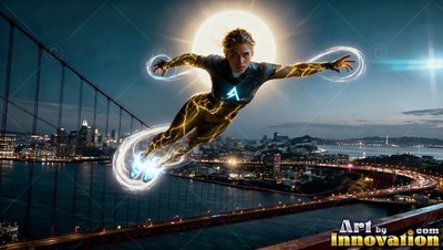 Flying over a bridge at night, a woman in a shadowy suit crackles with bright lightning