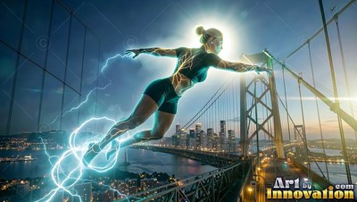 A woman flies over a bridge tower with pale blue lightning around her legs