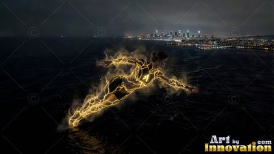 Bright yellow lightning outlines a flying woman over dark ocean water near city lights