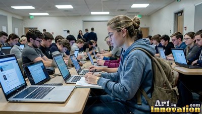 A woman writes notes in a busy classroom, her face lit by cool blue laptop light