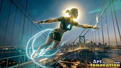 Flying forward midair, a woman in black sportswear glides over the Bay Bridge at night