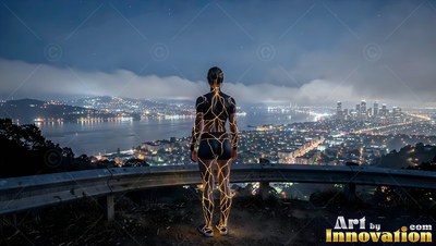 Seen from behind above the bay, a woman with bright lines stands at a guardrail