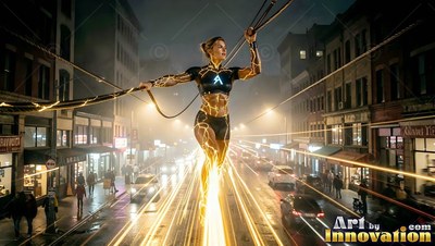 Above a wet urban street, a woman in black shorts hovers on bright light trails
