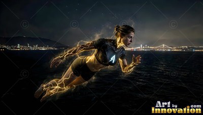 Wearing a black crop top and shorts, a woman flies over dark water near city lights