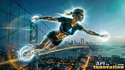 A woman flies over a suspension bridge with white rings of light at her hands and feet