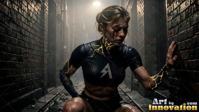 An injured woman in a black suit crouches in a dark brick alley
