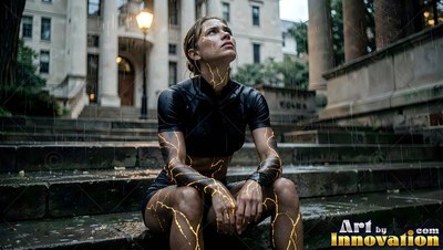Sitting on wet stone steps in the rain, a woman looks up with yellow light on her skin