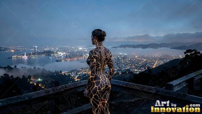 Golden lines trace across a dark suit as a woman looks out over a foggy city at night