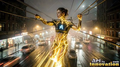 Hovering over a wet downtown street, a woman grips wires covered in light yellow lightning