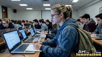 Taking notes at a laptop, a young woman sits in a busy university lecture hall