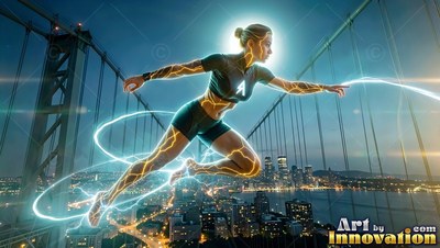 Woman flying over a bridge surrounded by blue light trails