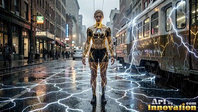 Yellow lightning lines cover a woman standing on a wet city road by a trolley car