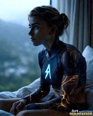 On a bed by the window, a woman in a dark superhero suit sits looking outside