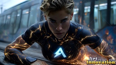 Crouching low on train tracks, a blond woman channels bright yellow electricity through her dark suit