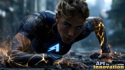 Cracked yellow lines run down the black suit of a woman crouched on a dim street