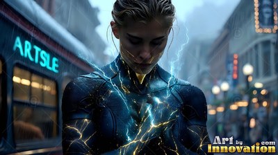 A woman looks down on a city street as blue lightning bolts crackle across her dark suit