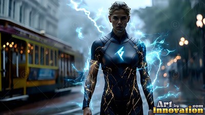 Standing straight on a street, a woman in a black suit crackles with blue lightning