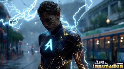 On a rainy city street, a woman in a shadowy suit stands surrounded by blue lightning