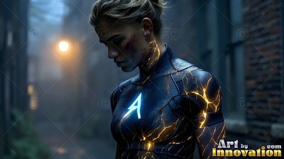 Looking down in a dark alley, a bruised woman stands in a black suit with yellow veins