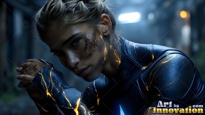 A woman in a black suit with cracked gold lines on her skin