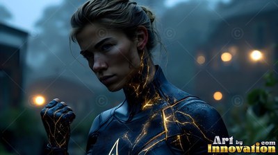 Gold lightning tracks across the neck of a blond woman in a shadowy suit on a foggy street