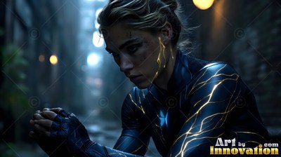 A woman rests her chin near clasped hands as bright yellow lightning traces her suit