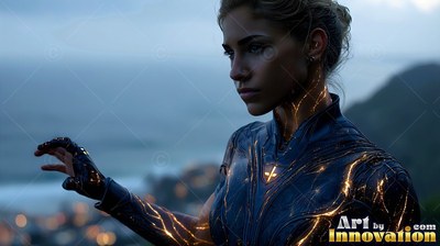 Turned in profile by the sea, a woman in a shadowy suit with bright cracks raises her hand
