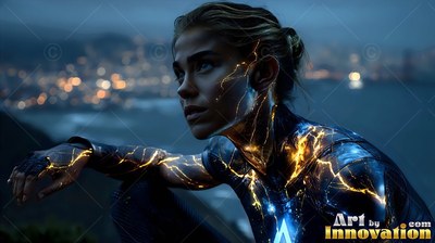 A woman with brilliant yellow lightning on her skin looks out over city lights at night