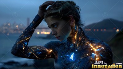Above the night bay, a woman with bright lines across her dark suit touches her hair