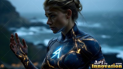 Holding up an electric hand, a blonde woman in a dark suit looks over a misty sea